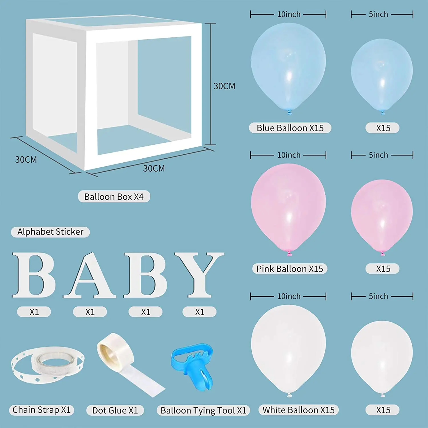 Complete Set with balloon Arch  BABY Box Bundle Decorative Letters in Boxes baby boy and girl DIY Decorating Kit