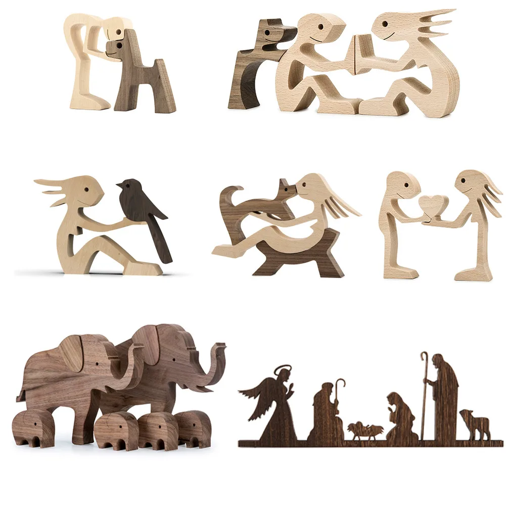 Family Puppy Dog Wooden Craft Figurine Desktop Table Ornament Carving wooden home decor crafts