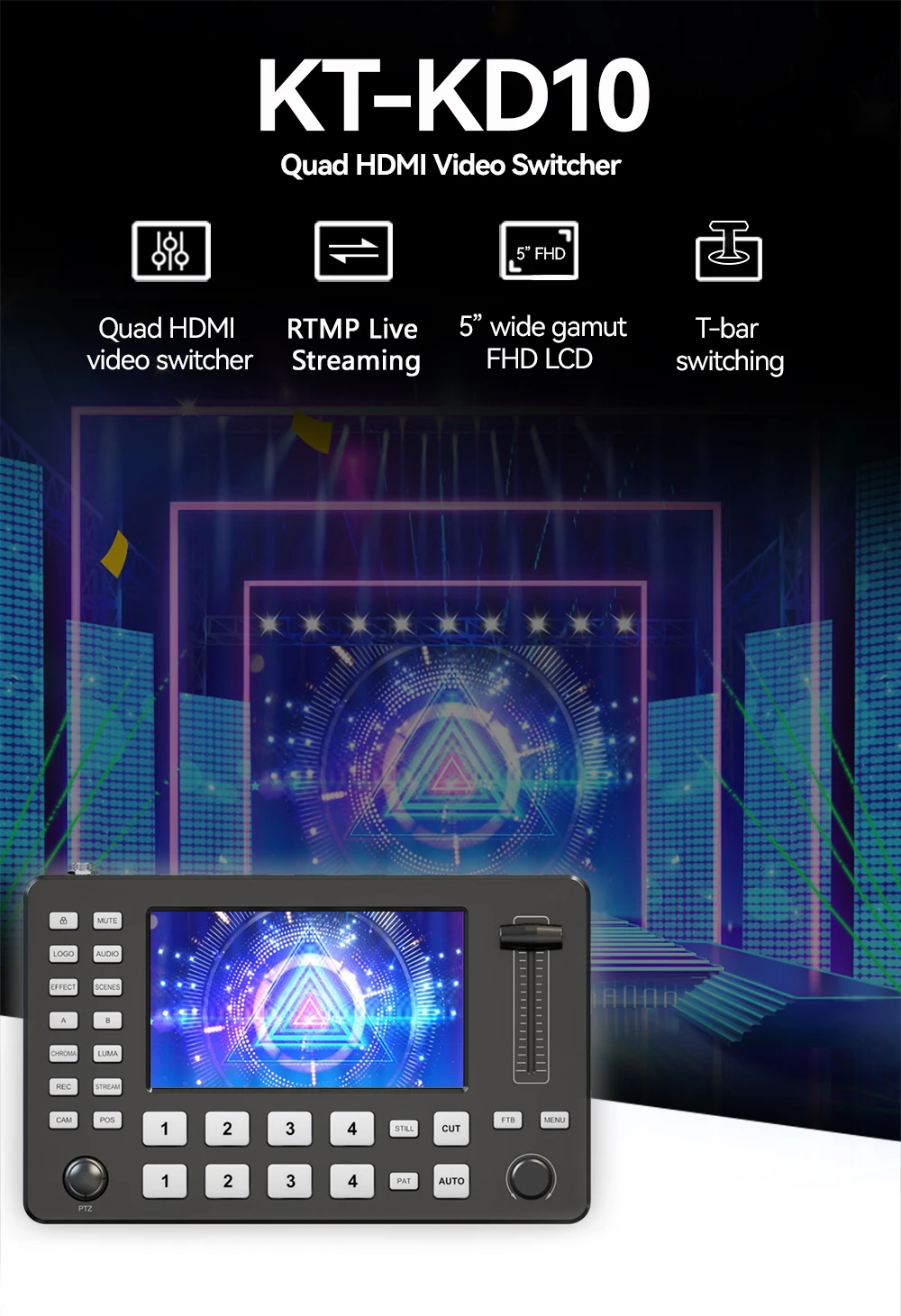 KATOV KD10 Live video control switcher 5.5 FHD LCD 4-channel Real Time Production Live Streaming HD MI Video Switcher