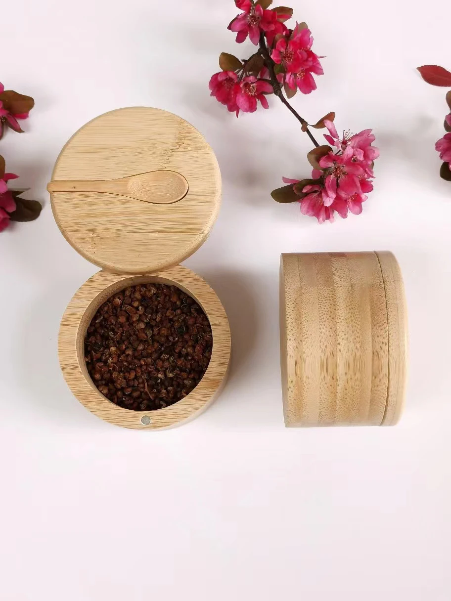 Kitchen elegant spice box bamboo condiment jars with spoon smart lid  easy to twist and close firmly seasoning jar