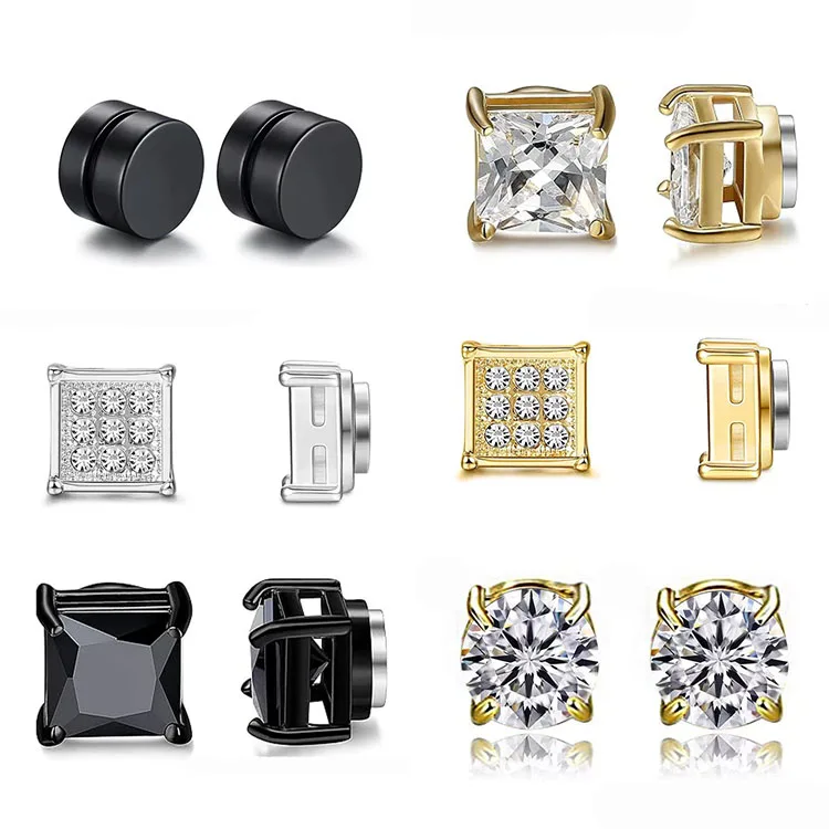 G3142 Wholesale Pendiente Stainless Steel Rhinestone Square Ear Clip Non Piercing Magnetic Earrings Men Fashion Clip On Earrings