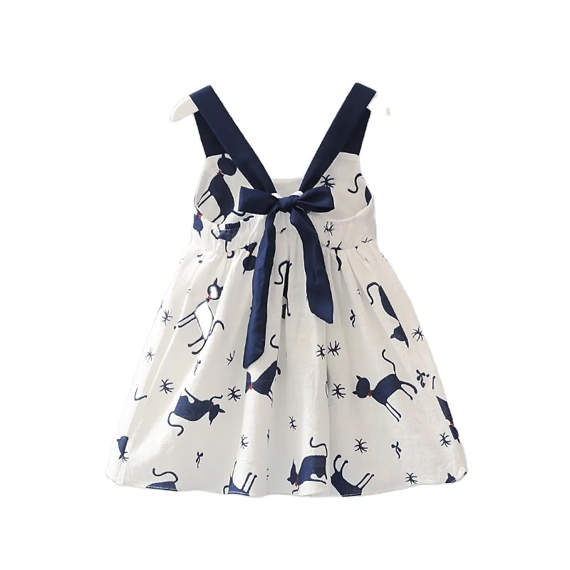 2023 children frocks kids gown designs white animal printing linen girls birthday party dress
