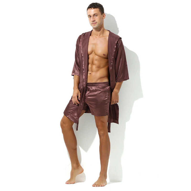 Hot Selling Men Summer Bathrobe Male Silk Short Sleeve Bath Robe Sexy Mens Dressing Gown Bathrobes(No shorts)