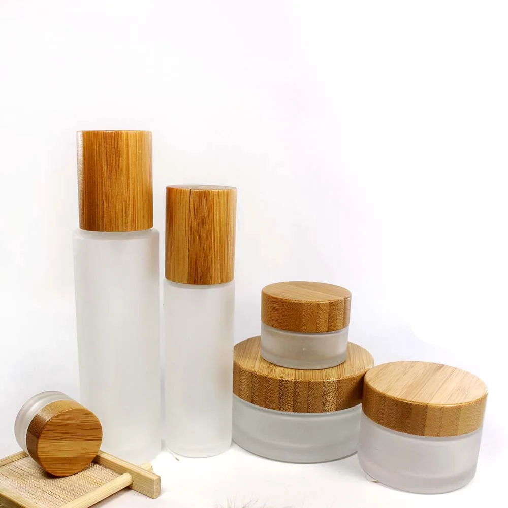 Glass Frosted bamboo cover bottle and jar ,lotion pump and spray pump bottle  cosmetics packaging
