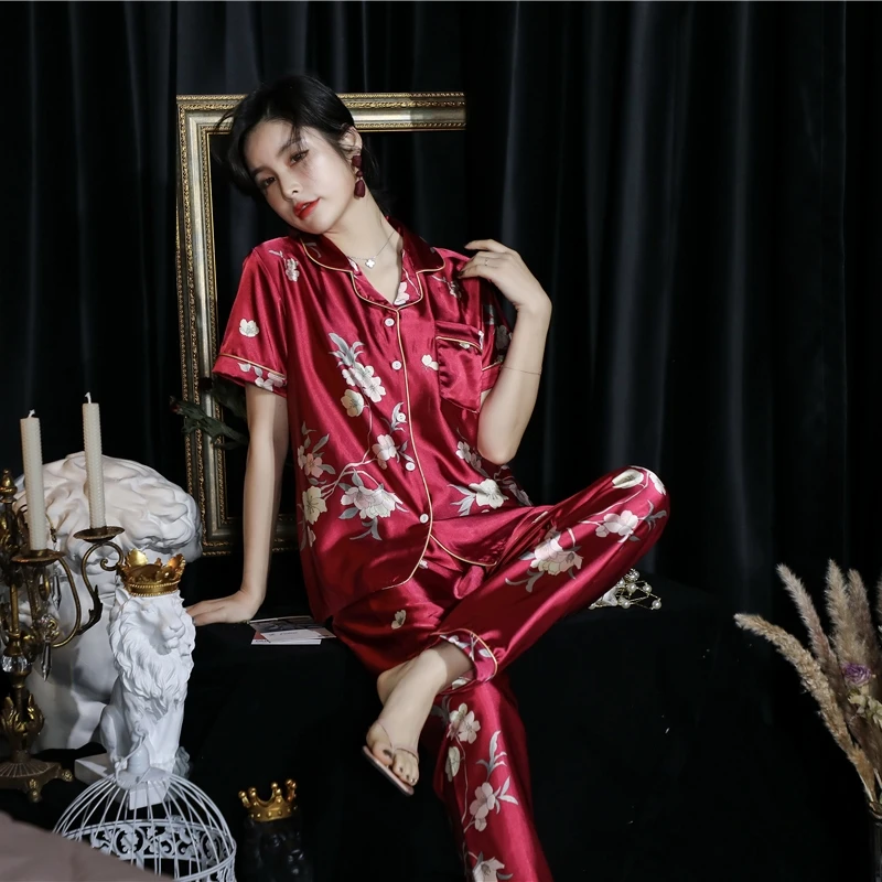 
Hot Pyjama New Arrival Silk Women Sleepwear Short Top And Long Pants Two Piece Sets 