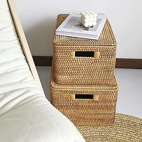 Indonesia Woven Bed Rectangle Square Hanging Baskets Seagrass Rattan Round with Handle Storage Basket Set Serving Tray with Lid