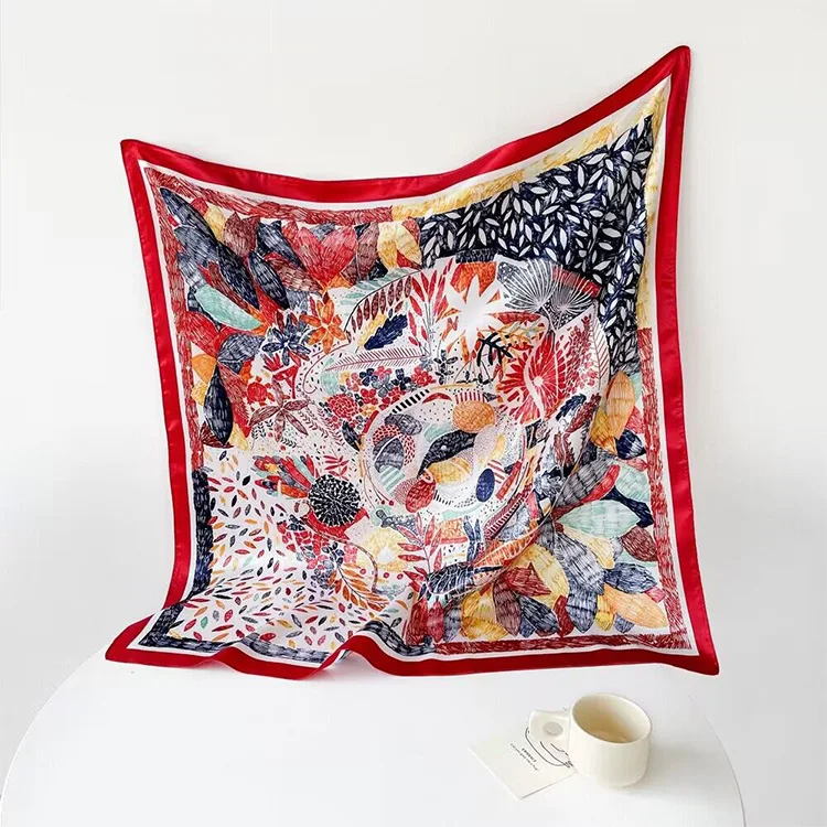 OEM Scarf Luxury Design Shawls  Multicoloured Square Women Silk Scarves Digital Printed Polyester Custom Scarf