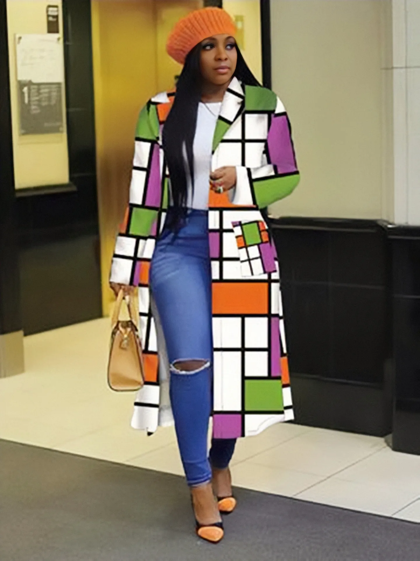 Autumn and Winter New Windbreaker Large Plaid Printing Double Breasted Lapel Coat Coat for Women