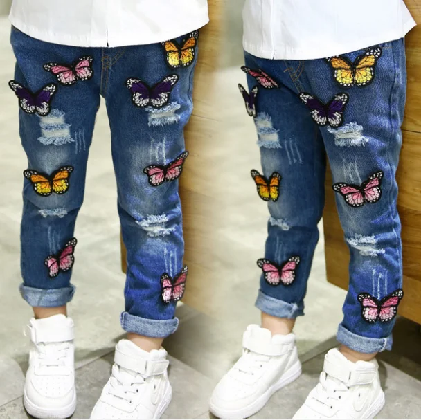 
New Design Girls Butterfly Denim Trousers Kids Fashion Washed Hole Jeans Pants 