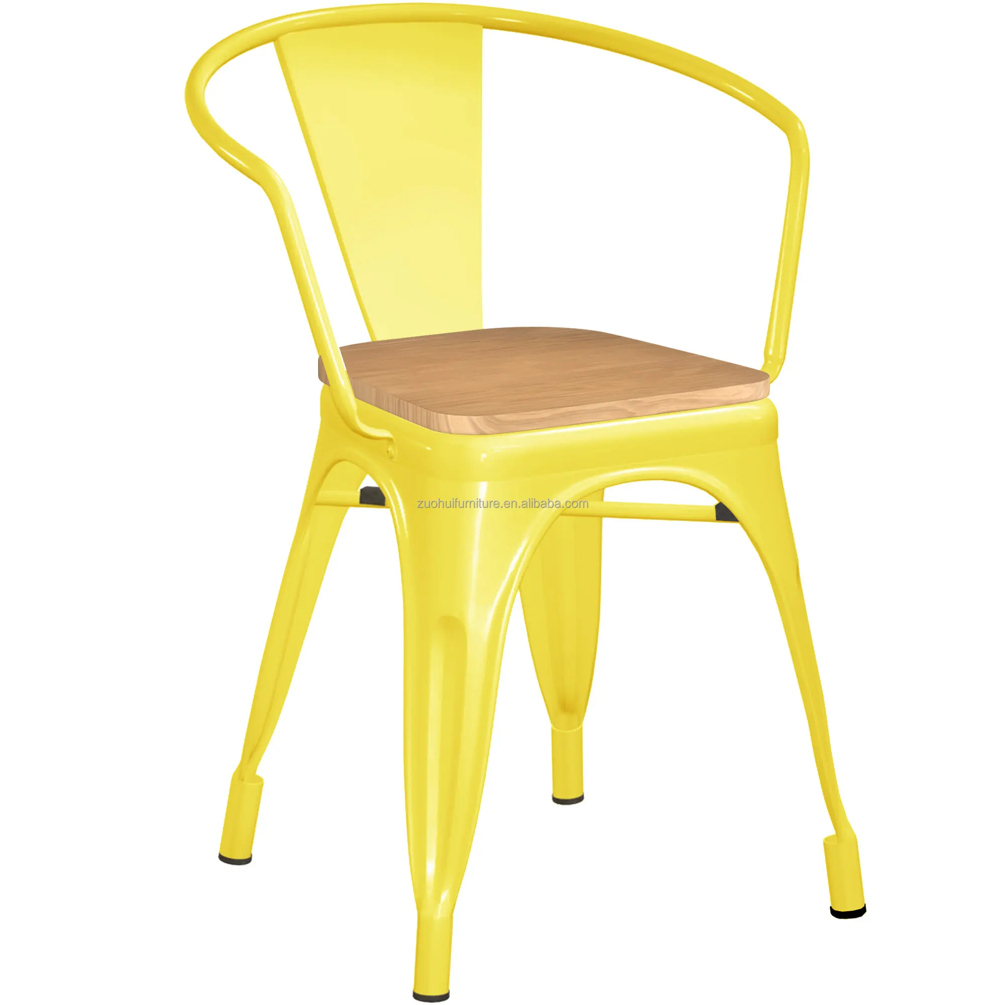 Yellow high back armrest restaurant cafe bistro metal dining chair with wooden seat