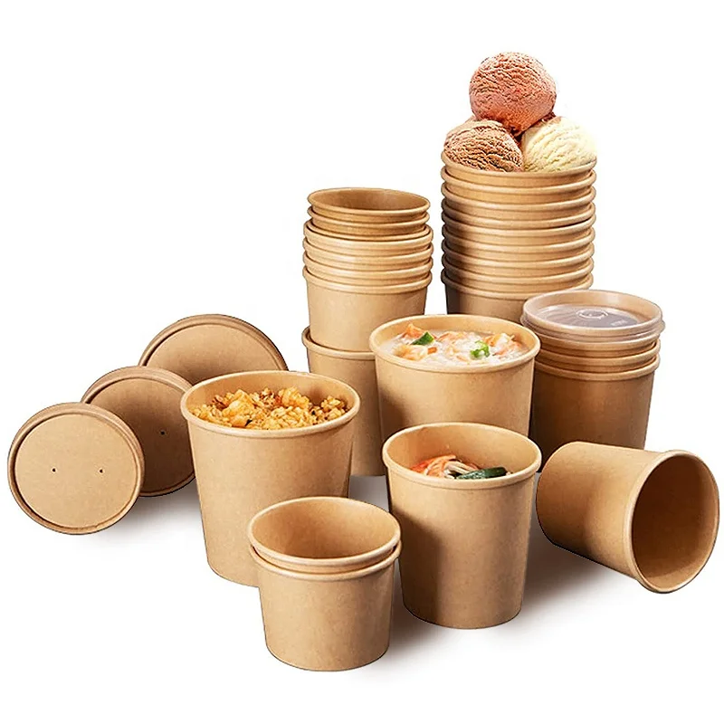 Eco disposable friendly 32oz kraft paper soup cup bowl popcorn buckets with lid