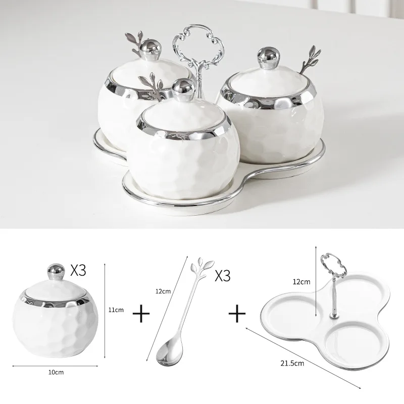 Luxury Kitchen Porcelain Sugar Salt Bowl Condiment Pot Seasoning Jar Box Ceramic Spice Set Jar With Spoon Tray