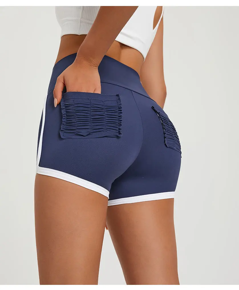 Summer Woman Color Block High Stretchy Yoga Pants Customized 3 Inches Scrunch Pockets Booty Shorts