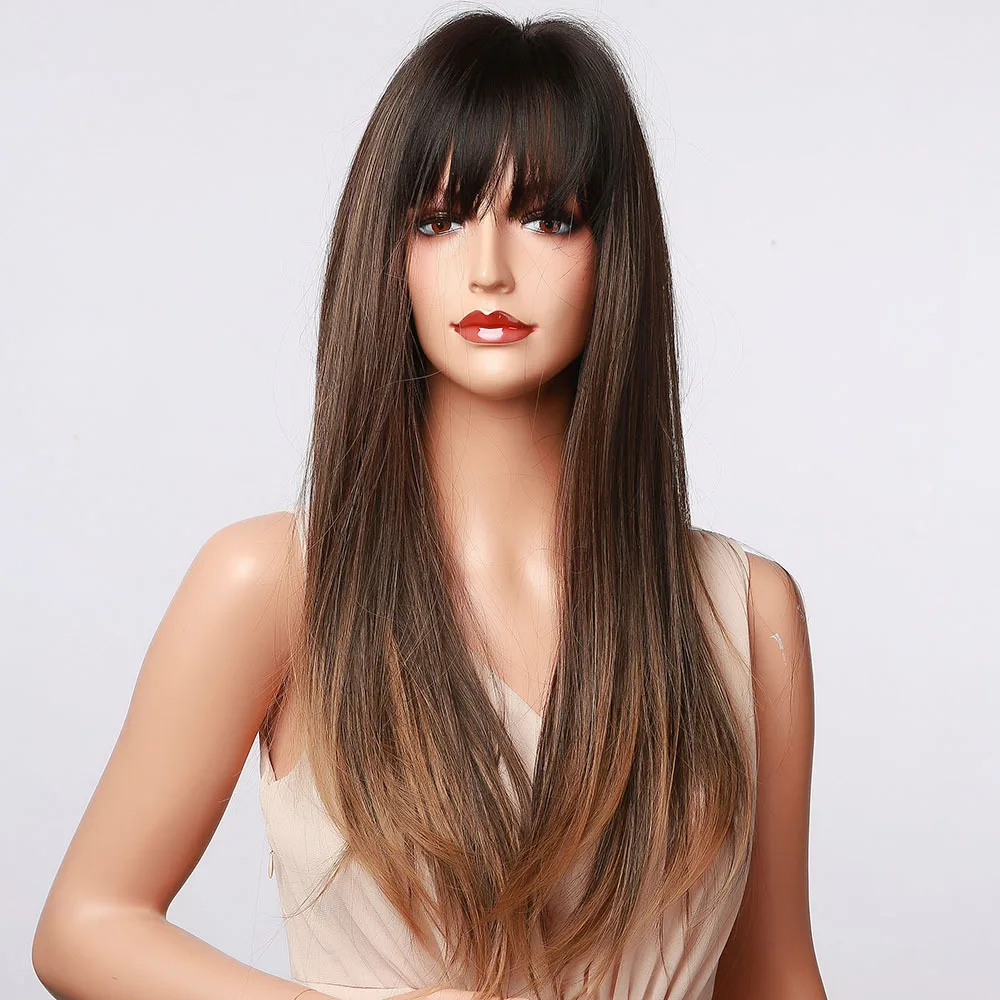 Long Synthetic Straight Wigs Ombre Brown Ash Blonde Wigs with Bang for Women Cosplay Lolita Daily Party Heat Resistant