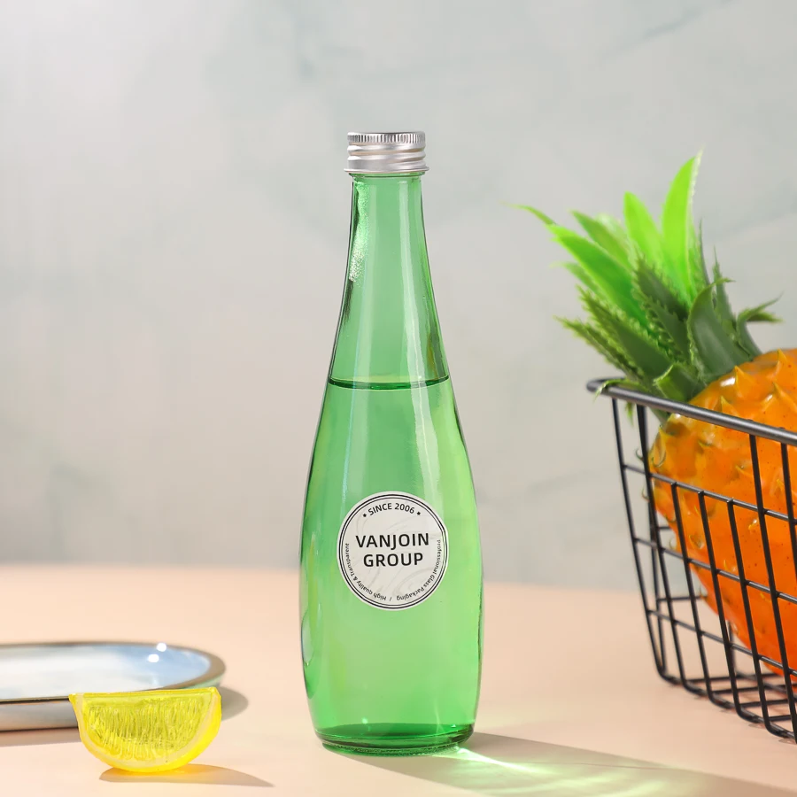 Empty Reusable Customized Green Drinking Glass Bottle 330ml For Sparkling Water For Juice Milk Tea Smoothie with lid