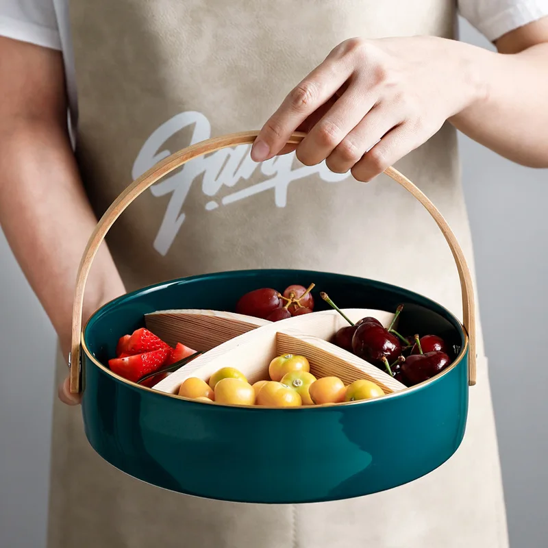 customized  logo Nordic tableware Green ceramic candy tray porcelain separating plate dish with wooden hanging ring  lift handle