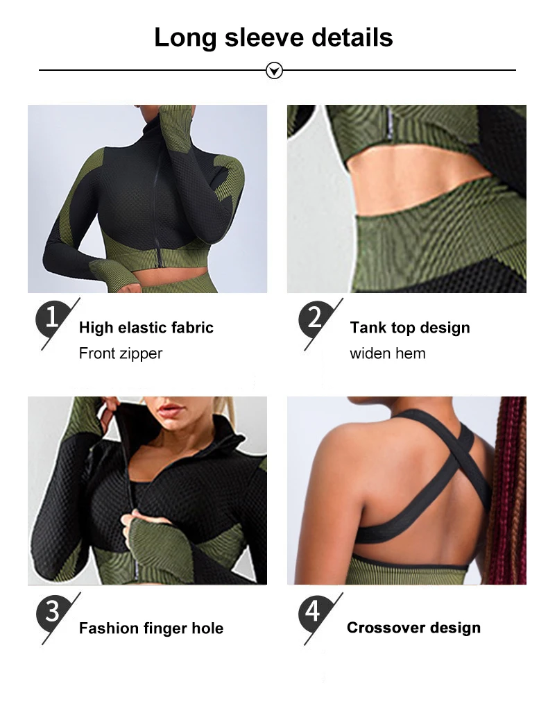 S-4XL Women Yoga Set 3Pcs Sports Seamless Gym Leggings Long Sleeve Crop Top Bra and Jacket Fitness Sportswear Tracksuit