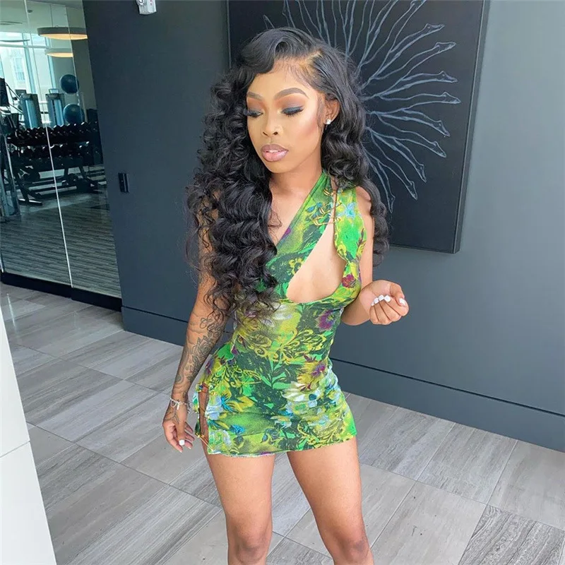 
Hollow Out Lady Party Sexy Summer Women Mini Dress Club printed Casual green Bodycon girls clothing dress 