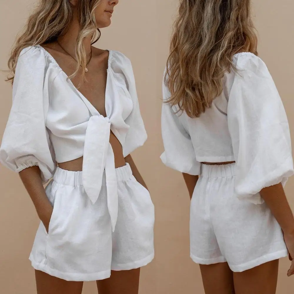 2021 Summer Autumn Women Two piece sets Casual Linen Solid Lantern Sleeve Tops + Shorts Elastic Waist Wide Leg Short Suit Sets