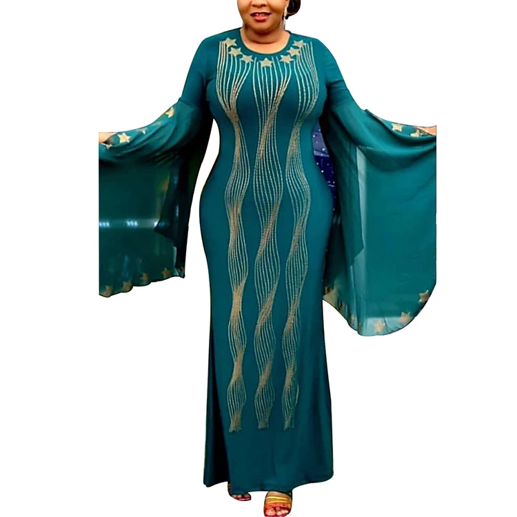 2019 Зеленое Длинное Платье с круглым вырезом и большим рукавом в виде листьев лотоса, элегантное Африканское женское платье