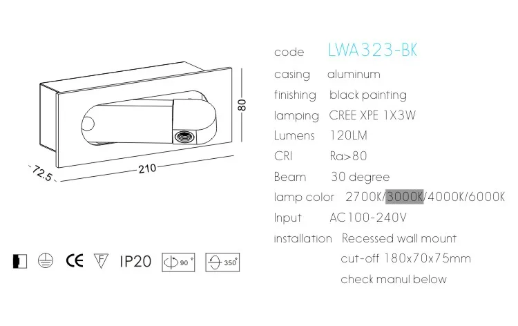 Recessed book reading light  painted black 120lm rectangular wall lights for reading