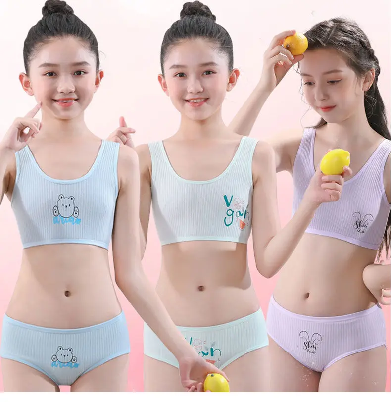 Girls Lovely Teenage Kids Beginners Seamless Growth Period Vest Cotton Camisole Bra Panty Set Underwear For Kids