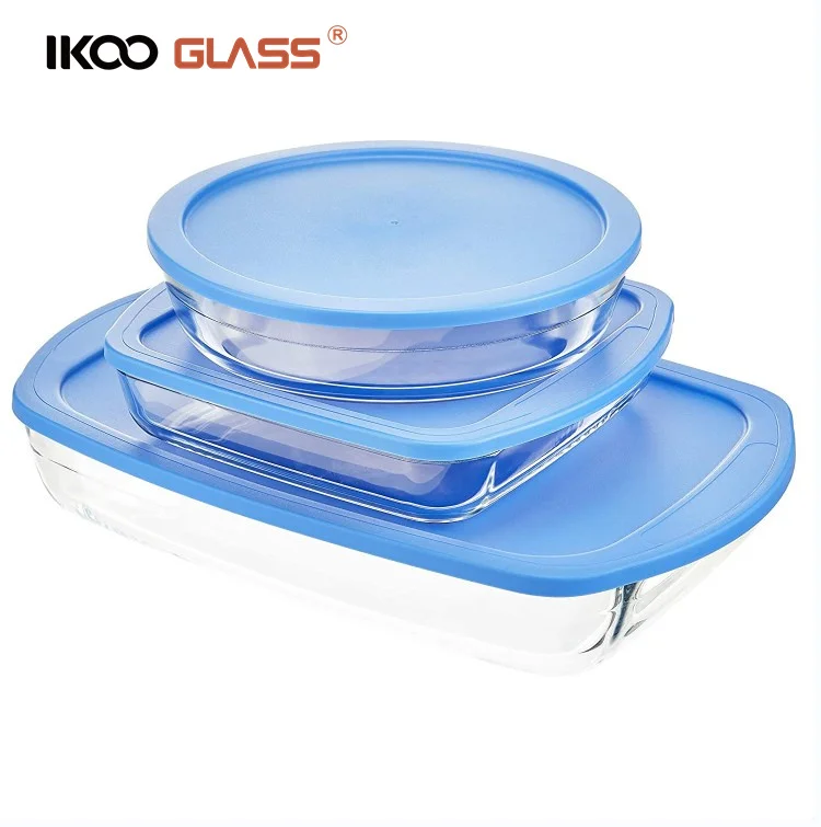 IKOO 3 piece glass baking dish set with lid round baking tray with cover