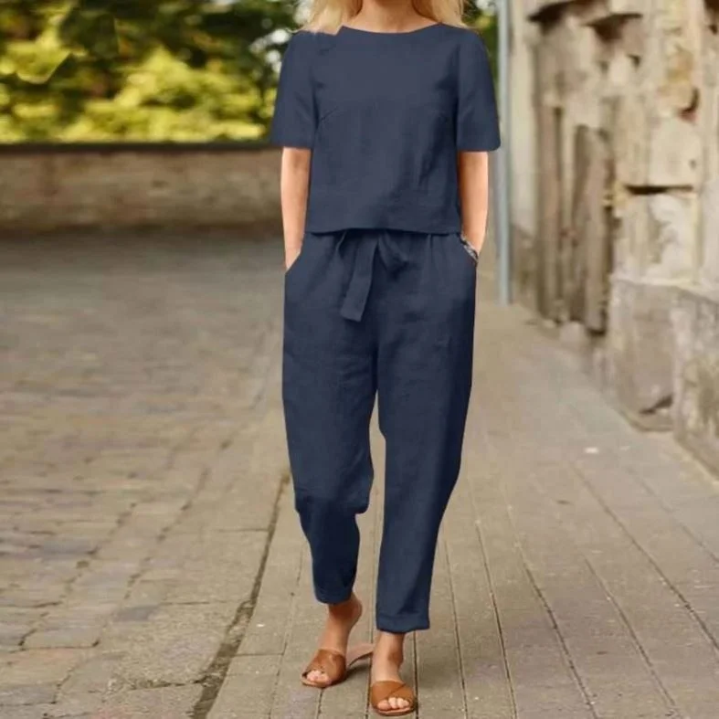 new Cotton and linen summer suit half-sleeved round neck oversized smock broadleg trousers vintage home wear suit