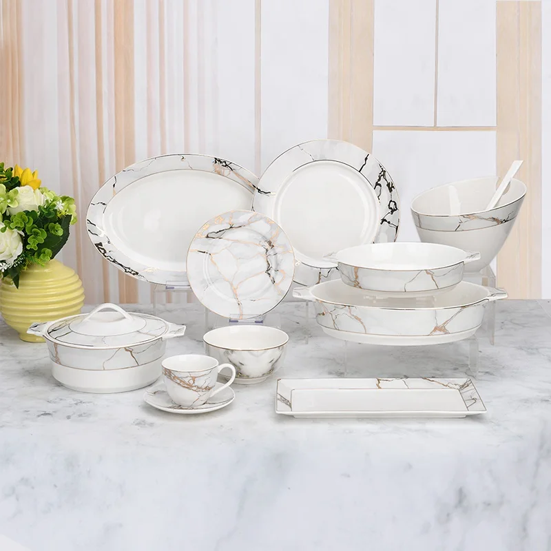 Home decor Gold Printed Bone China marble dinner set Dinnerware for home