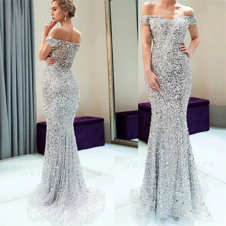Ladies Off Shoulder Sexy Plus Size Long Mermaid Elegant Beaded Dress Luxury Party Maxi Sequin Evening Dresses Abendkleider