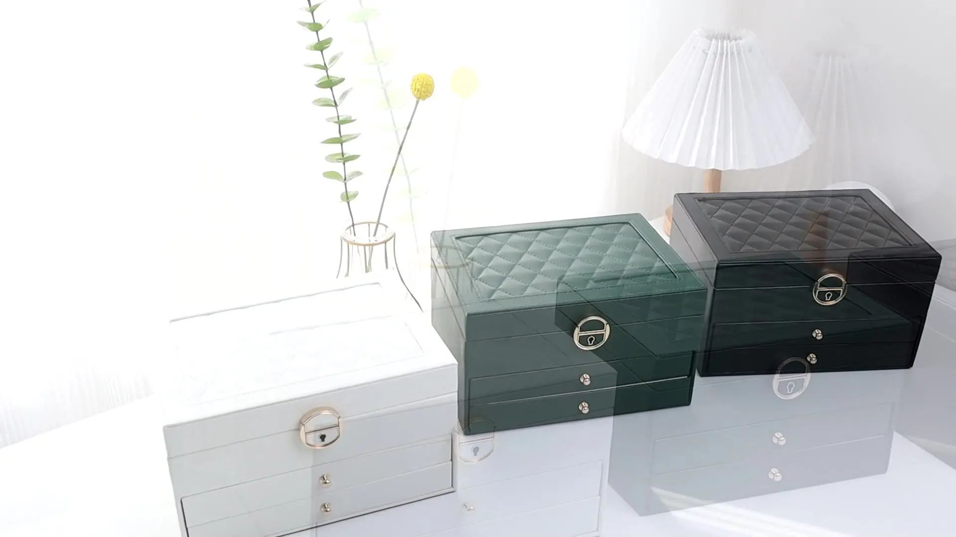Multi-function jewelry box Three layer lock leather jewelry storage box Earring jewelry box