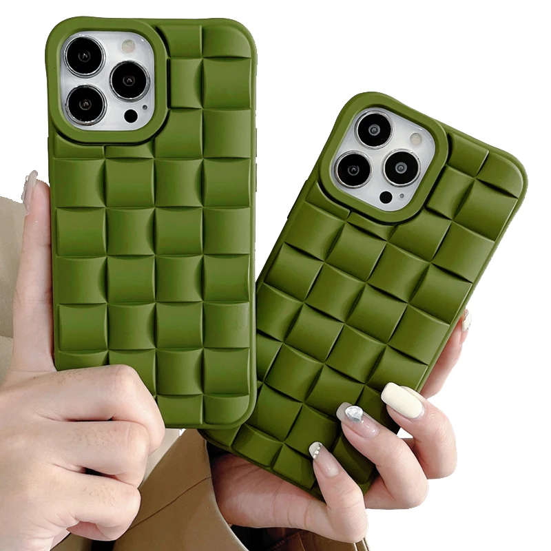 Olive Green Woven Braided 3D Grid Lattice Magic Cube Soft TPU Phone Case for Apple iPhone 13 Pro Max 12 11 XS Max Cover