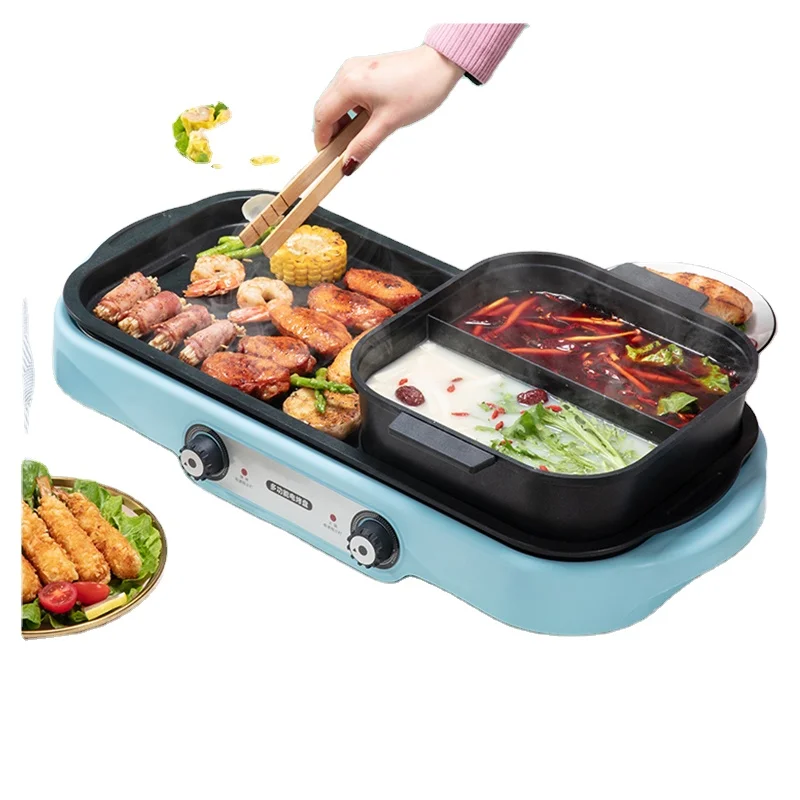 Mini Korean Square 2 In 1 Bbq Electric Grill With Hotpot Electric Meat Barbecue Grill And Pot For Cooking  Mini Bbq Electric Gri