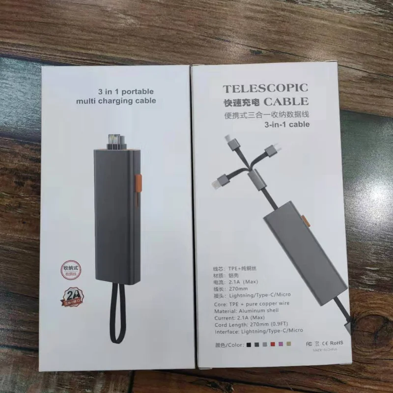 Metal TPE storage and portable cable 3 in1 Usb Charging Cable 2.1A Mirco Type C 8 pin for Android Samsung Huawei Mobile Phone