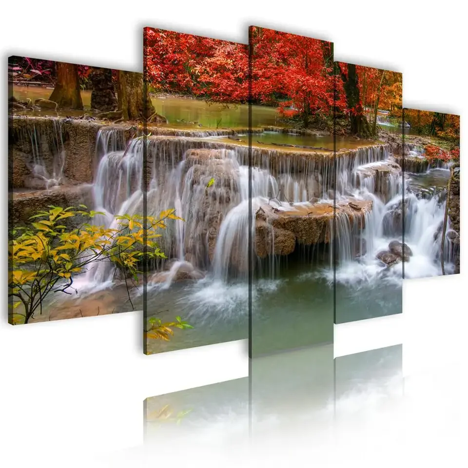 Custom HD Scenery Canvas Panel Decor Waterfall Painting Home Decoration Landscape bedroom Picture Prints 5 panel Wall Art