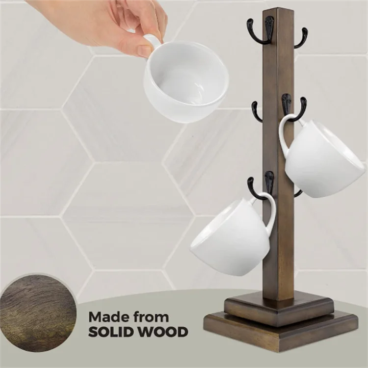 Space-Saving Rotated Brown Solid Wood Mug Rack Tree Organizer Tea Cup Organizer Hanger Holder With 6 Hooks