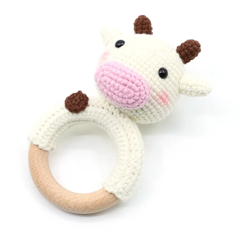 Милый вязаный бук деревянное кольцо Прорезыватель игрушка ребенок крючком погремушка