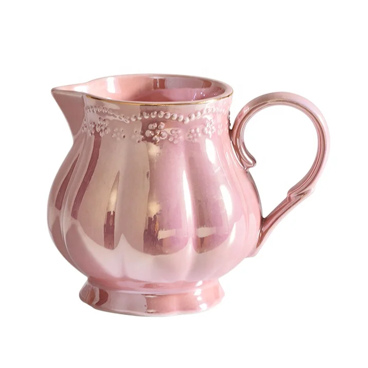 Royal Design Pink Color Drinkware Gold Rim Ceramic Coffee Mug Saucer Pot Set Custom Tea Cup Set