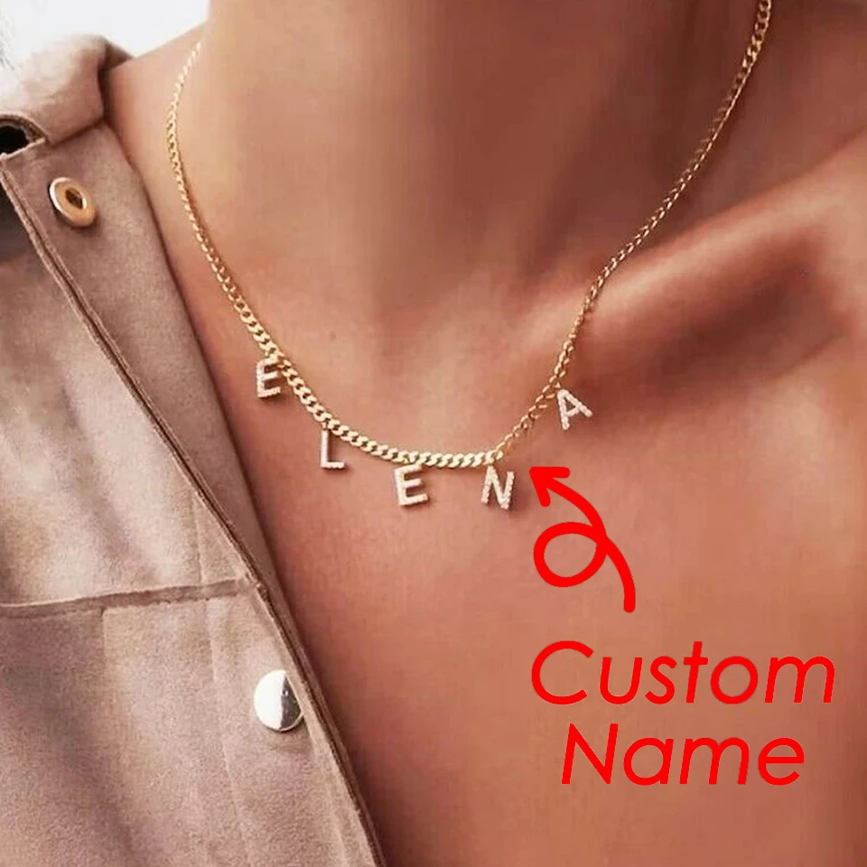 Stainless Steel 14K Gold Cuban Chian Micro Inlaid Zircon Letter Personalized Name Necklace DIY Customized Name Necklace