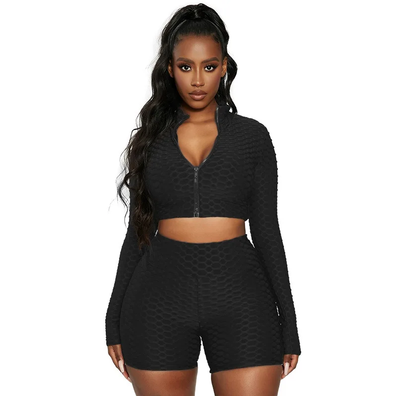 Stand Collar Crop Top Zip 2 Piece Set Breathable Push Up Women Sportswear Active Fitness Suit Yoga Set