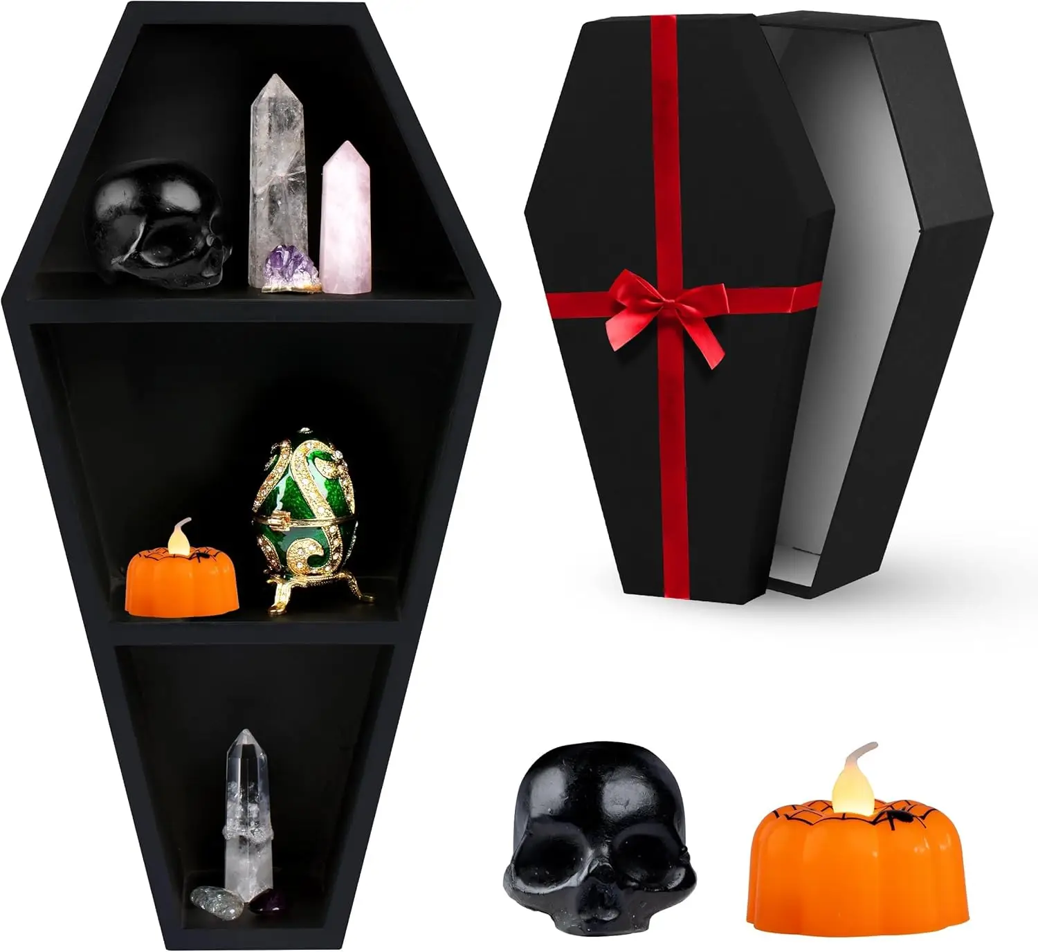 Coffin Holder with Coffin Gift Box and Ghost Accessory Set - Ghost Coffin Decoration 35.56 x 17.88 cm - Black