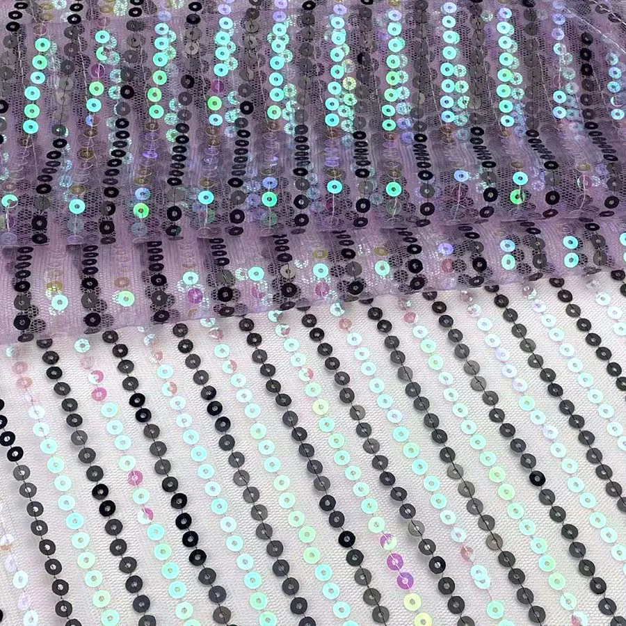 Hologram Stripe Spangle Embroidered 5mm Sequin embroidered Net Fabric 100% Nylon Mesh Ground for Party Dress