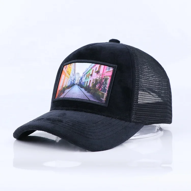 Qianzun черная вышивка Меховые бархатные 5 панелей с высокой короной сеткой сзади шапки дальнобойщика с пользовательским логотипом