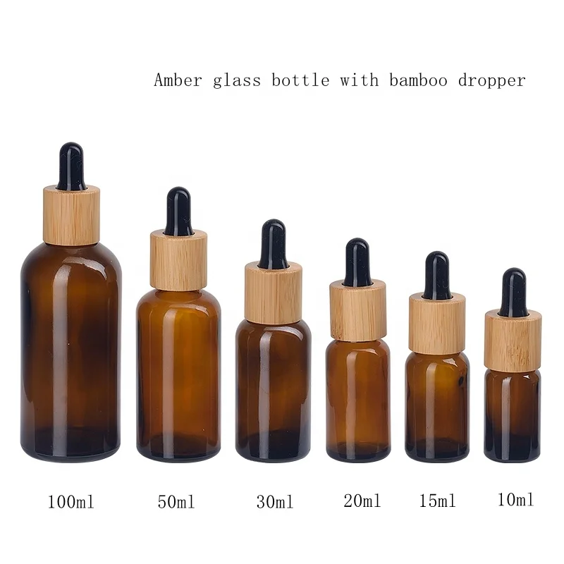 50ml amber glass essential oil bottle brown color glass cosmetic bottle with 18 mm bamboo wooden dropper for skin care body oil
