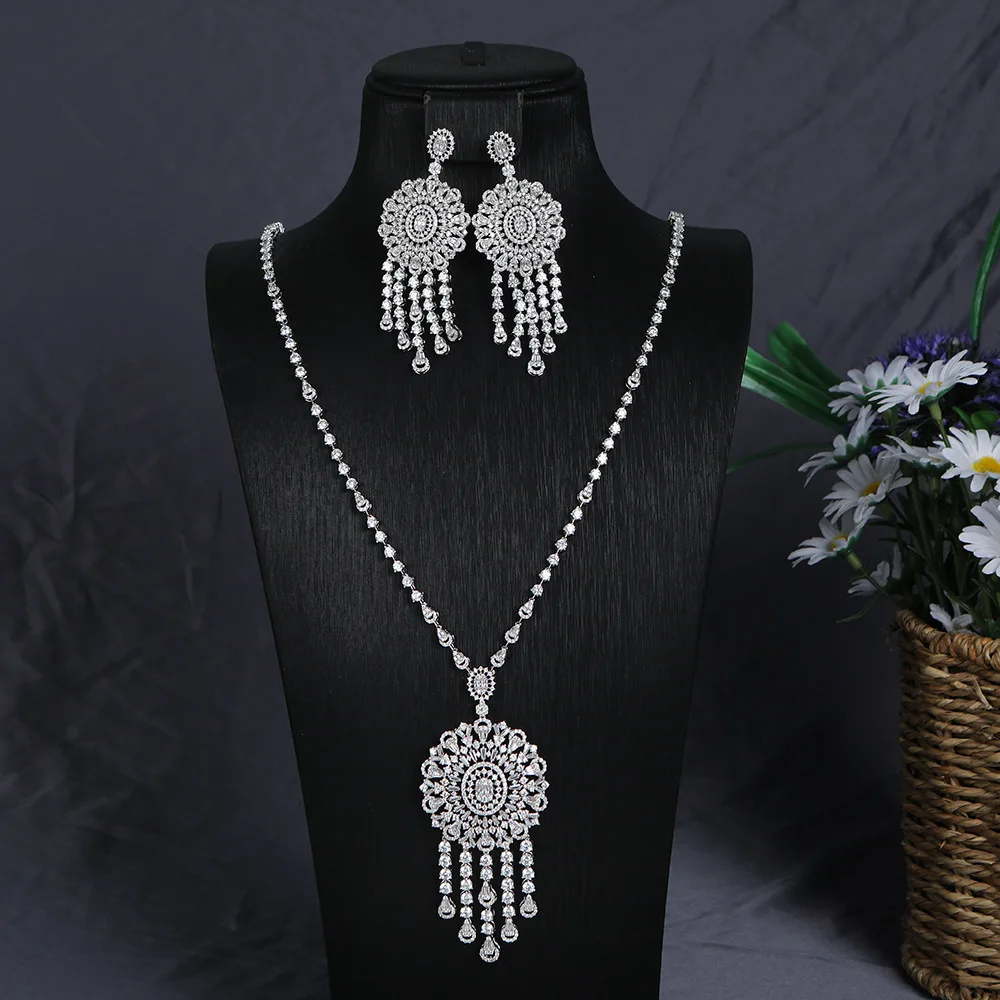Necklace Long Tassel Pendant Mirco Paved Zirconia Necklace Earring Jewelry Set For Middle East Market