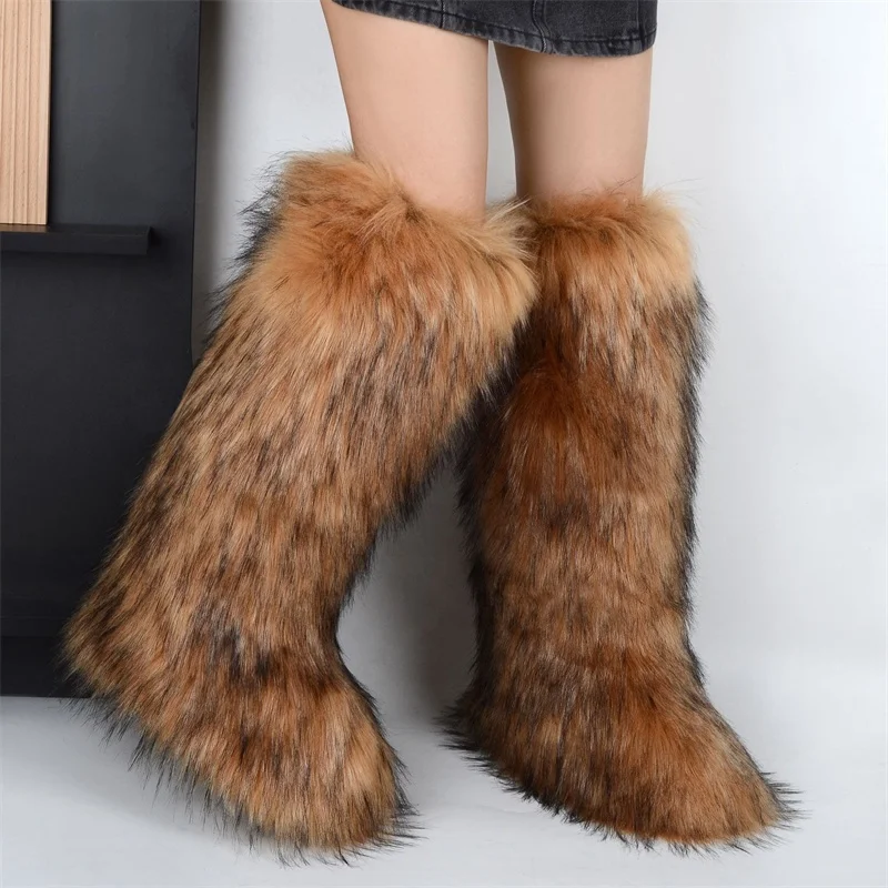 2024 Mongolian Women Boots Furry Colorful Winter Shoes Girls Warm Flat Casual Non-slip Footwear Faux Fur Snow Boots