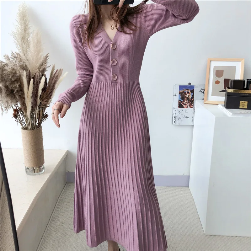 Autumn and winter new loose plus size base long woolen dress with pleats over the knee long skirt