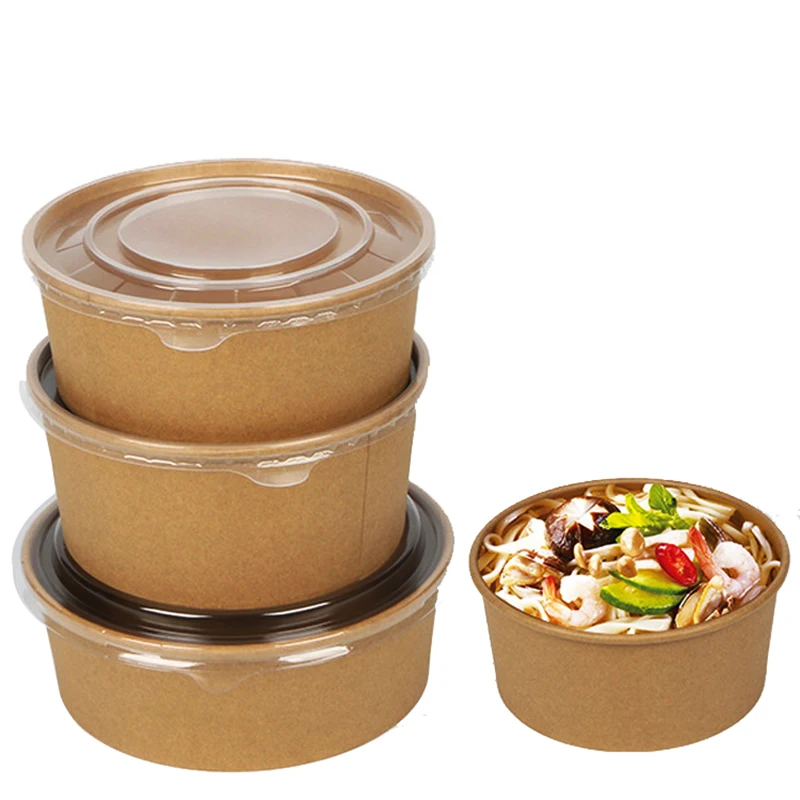 Быстрая отправка, крафт-бумага, пищевой класс, 24 25 унций, миска, бумажный пищевой контейнер с крышками