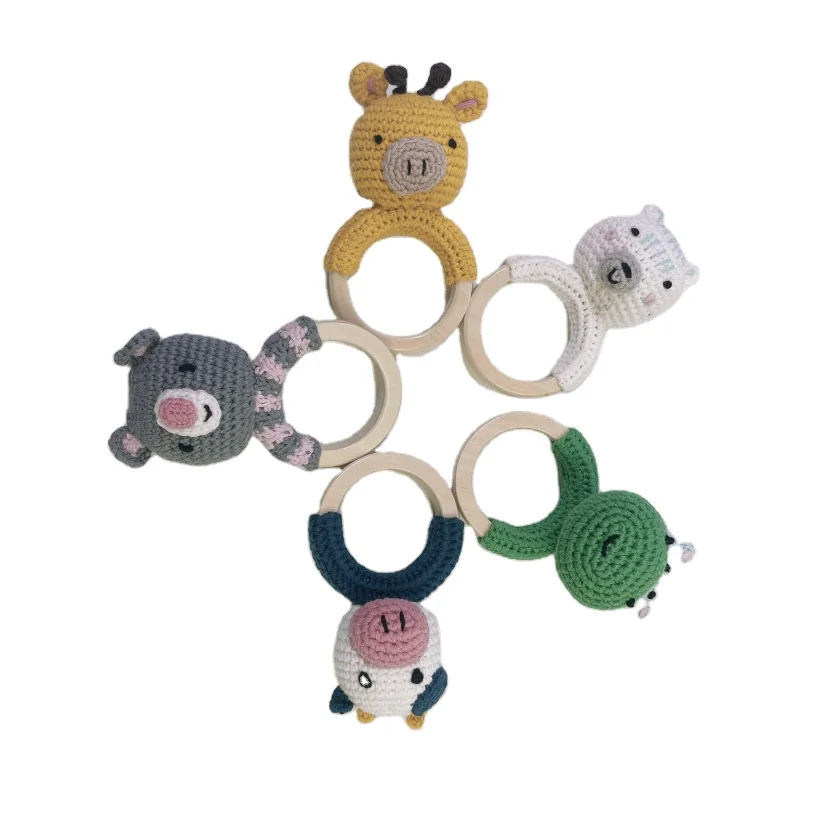 
DIY organic cotton crochet animal rattle with wooden ring teether 