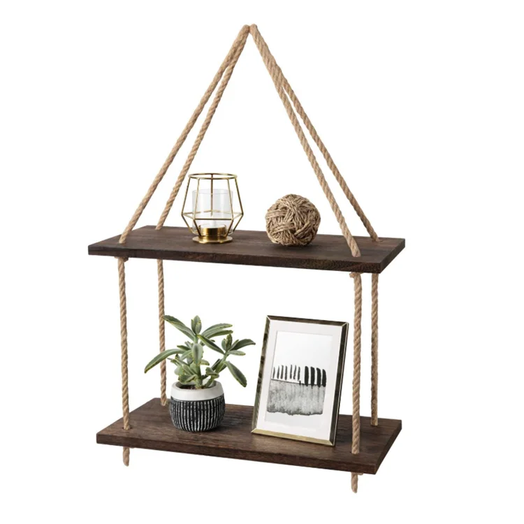Custom Easy To Install Home Decor Rope Black Walnut Wooden Wall Hanging Floating Shelve